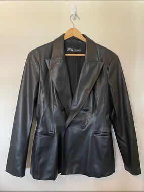 ZARA Black Faux Leather Double-Breasted Blazer Jacket